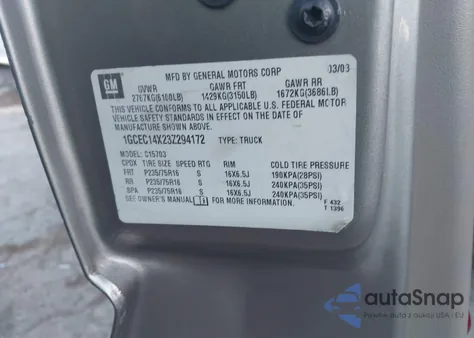 2003 Chevrolet Silverado 1500 from USA, damaged, VIN 1GCEC14X23Z294172